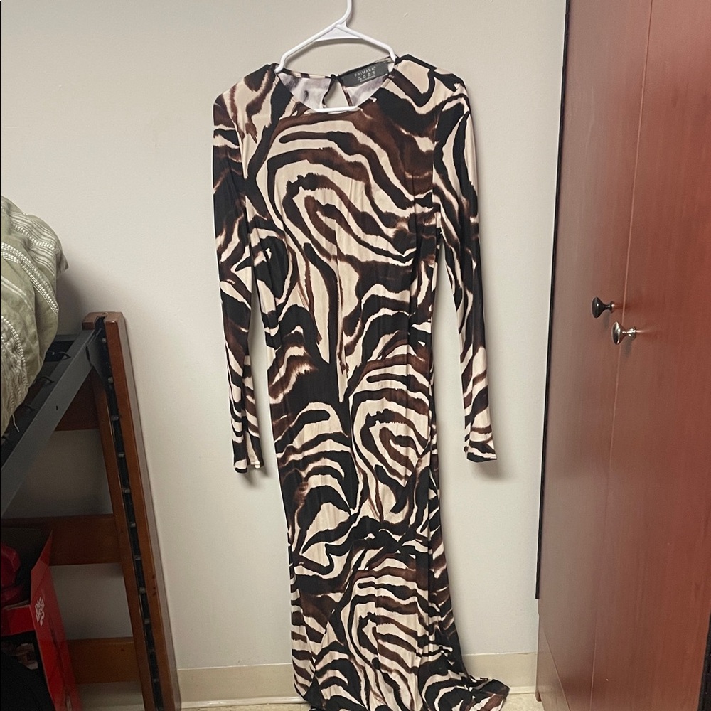Primark Brown and Black Patterned Long Sleeve Dress